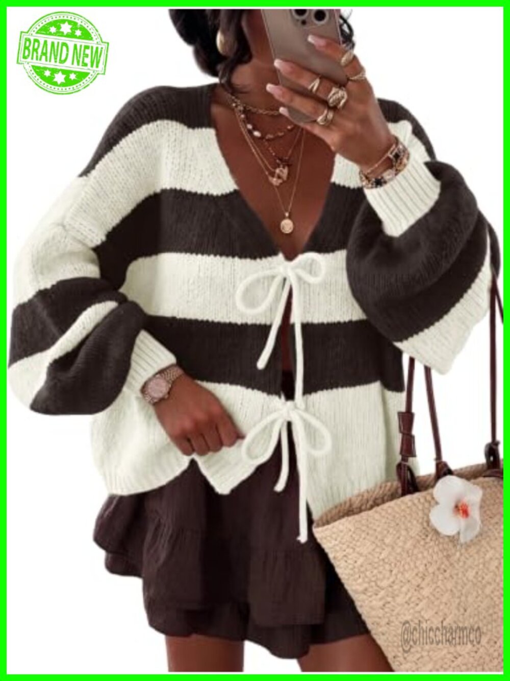 Oversized Striped Chunky Knit Cardigan Sweater V-Neck Bow Tie Fall Layer Women